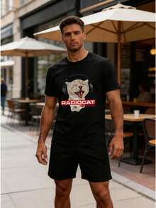 Conjunto masculino streetwear divertido de dos piezas con estampado gráfico de gato con audífonos y temática musical en algodón ajuste holgado cuello redondo manga corta primavera verano uso casual diario set - Negro 2 - Ver 3