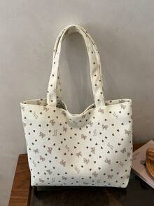 Large Capacity Heart Bowknot New Canvas Bag Girl's Versatile Shoulder Fashion Handbag Commuter Tote Bag - White - View 7