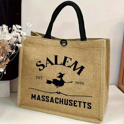 حقيبة كتف كتان، حقيبة الحيل أو المعاملة في عيد الهالوين، حقيبة تسوق مثالية، حقيبة يد أنيقة مع إغلاق بمشبك، حقيبة شاطئ خفيفة وأنيقة؛ أفضل هدية لابنة، صديقة، هدية فاخرة لعيد الهالوين، عيد الميلاد وأعياد أخرى