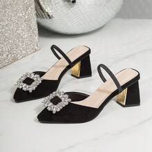 Meng Jie Women Pointed Toe Block Heel Mule Sandals, Rhinestone Square Buckle Slip On Slingback Heels, Party Evening Footwear - Black - View 13
