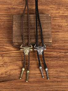 1件美式西部牛仔风格金属扣衬衫配饰，欧美风波洛领带配迷你牛头图案 - 彩色 - 查看 6