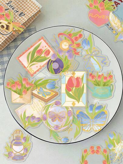 50pcs Cartoon Tulip Stickers: Transparent PET Material With Foil Stamping-Featuring Exquisite, Designs, Perfect For Decorating Guitars, Suitcases, Phone Cases, Desks, Envelopes, And Holiday Gifts