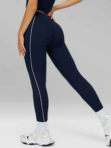 Leggings de mujer MFVIM con contraste de color, pantalones deportivos y casuales, ajuste ceñido levantador de glúteos, control de abdomen, tela suave y transpirable elástica, adecuado para ir al trabajo, actividades al aire libre, correr, yoga, pilates, entrenamiento en el gimnasio - Azul lavado oscuro - Ver 11