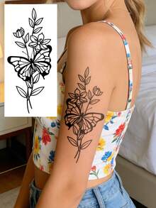 春季花卉蝴蝶临时纹身贴纸 - Y2K风格，适用于手腕、脚踝、肩膀、脖子、锁骨，防水，逼真纹身贴纸，适合DIY、动漫、嘉年华、音乐节、情人节、派对礼物 - 黑色 - 查看 3
