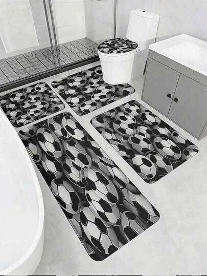 3/5件套3D足球浴室地垫套装，柔软吸水防滑耐用浴室配件 - 包括马桶盖套、U型马桶垫、浴室门垫、梳妆台垫、浴缸垫 - 法兰绒+记忆棉+涤纶面料 - 可水洗，防霉 - 四季皆宜，适用于家庭/酒店/宿舍/户外露营/学校宿舍/西式风格/节日浴室装饰，返校必备，乔迁礼物，足球爱好者礼物