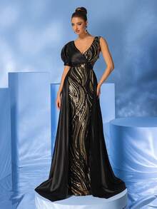 Elegant Black & Gold Sequin Patchwork Asymmetric One-Shoulder Half Sleeve Flowy Belted Fishtail Party Evening Dress - Black - View 5