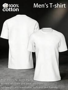 Camiseta de manga corta de cuello redondo para hombre 100% algodón, un estilo básico con alta elasticidad, secado rápido, resistente a las arrugas y transpirable para el verano, lo que la convierte en una parte superior versátil - Blanco - Ver 1