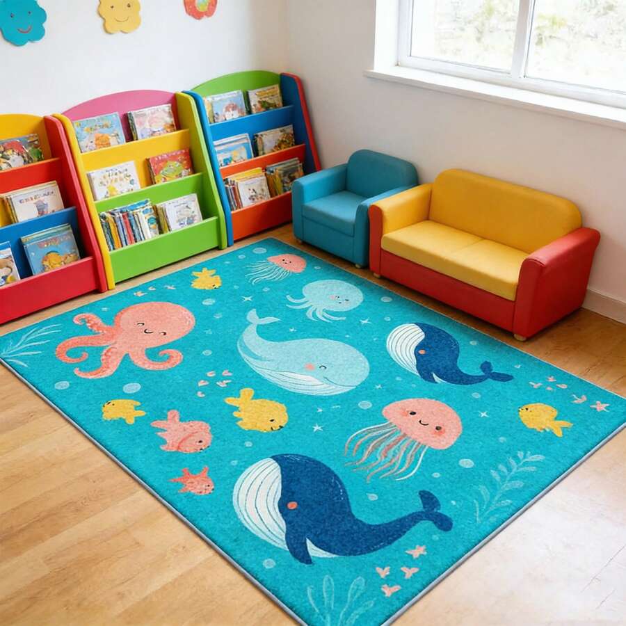 1件海洋主题可爱鱼、鲸鱼和其他海洋生物图案，适用于浴室地垫、入口地毯、客厅地毯、走廊地毯、卧室地毯、厨房地垫、阳台地毯。 - 彩色 - 查看 1
