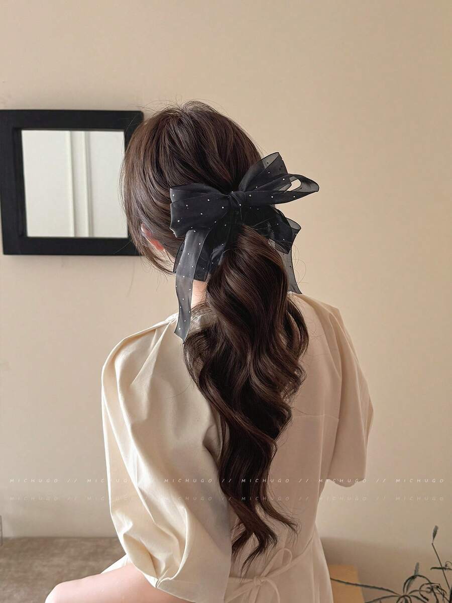 2pcs Mesh Bow Banana Hair Clips, Secure High Ponytail Holders