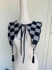 1 pezzo Scialle con colletto rimovibile a motivo romboide vintage con nappe, adatto per tutte le stagioni, accessorio scialle rimovibile per abiti e camicie in stile gotico lolita e vintage, spiaggia, vacanza - plaid nero e grigio - Visualizzare 7