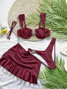 3-Piece Solid Color Tankini Swimwear Set, Wide Strap Design With Underwire For Comfortable Support, Fashionable Beach Style, Perfect For Summer Beach & Pool Parties Vacation White - 紅色 - 查看 3