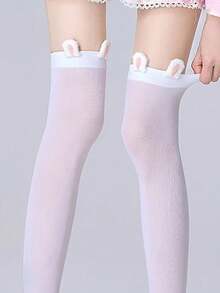 1 Pair White Thigh High Socks With Cute Rabbit Ears, Sweet Lolita JK Style Long Stockings For Women - White - View 12