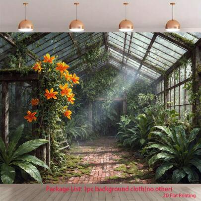 1 Piece Of 2D Background Cloth, Warm Sunlight Shining On Green Plants, Flowers, Greenhouse World Polyester Background Cloth - Durable And Washable Wall Banner, Room Photography Background, Photo Background, Celebration Decoration. Various Styles And Sizes Are Available For Selection.