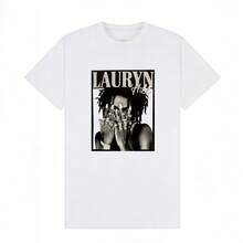 Summer Clothes Women Cotton Soft Casual Round Neck T-Shirt,Legendary Singer Lauryn Hill, And  Portrait Print Pattern. - 白色 - 查看 2
