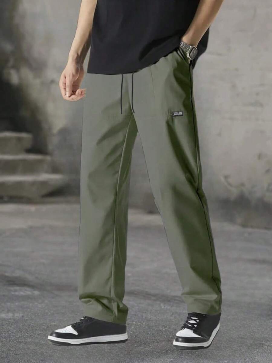 Men's Lightweight Outdoor Sports Pants, Straight Leg Jogging Trousers, Casual Drawstring Waist Thin Sports Pants, Spring/Summer - Army Green - View 1