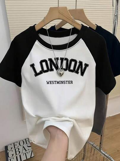 Mujer 002PS|1pc|
Camiseta Gráfica de Mujer London Westminster - Manga Raglán en Bloque y Blanco, Cuello Redondo Casual para Verano/Primavera, Lavable a Máquina, Ropa Cómoda y Duradera, Camisetas para Damas