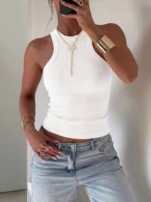 Áo tank top nữ màu trắng kiểu Y2K không tay cổ tròn, thích hợp mặc mùa hè. - trắng - Xem 5