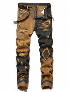 Men's Ripped Jeans Regular Fit Distressed Straight Leg Stacked Biker Fashion Comfort Denim Pants - Đen/Cam - Xem 1