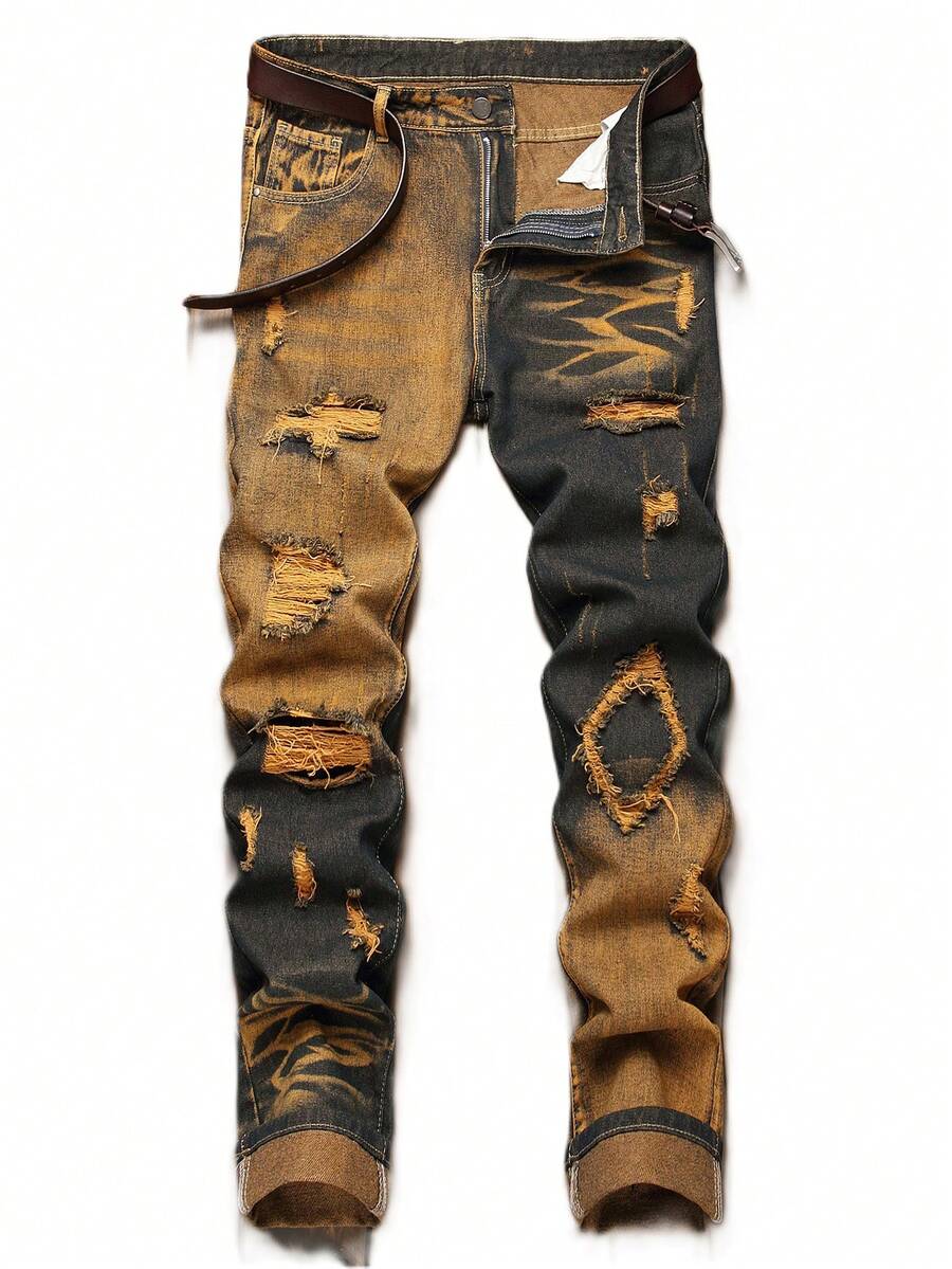 Men's Ripped Jeans Regular Fit Distressed Straight Leg Stacked Biker Fashion Comfort Denim Pants - Đen/Cam - Xem 1