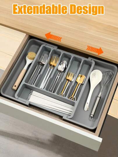 1pc Silver-Tone Expandable Drawer Organizer Tray, Multi-Functional Kitchen Utensil Storage Box For Spoons, Spatulas, Whisks, Forks