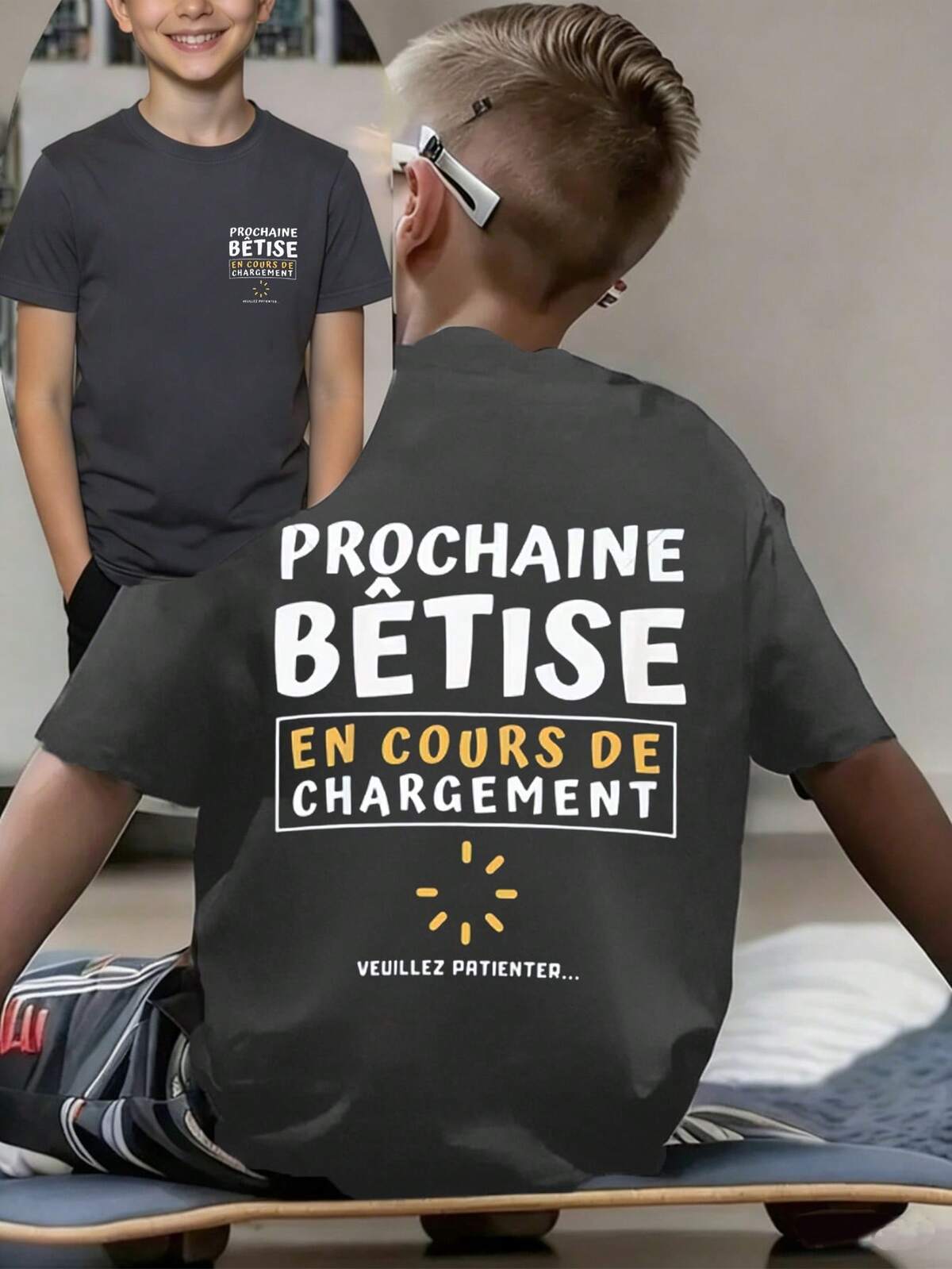 Garçon préadolescent - "Chargement de la prochaine bêtise, veuillez patienter..." T-shirt imprimé de dessin animé amusant, tissu doux et confortable, convient pour les sports de plein air des garçons, le port quotidien, le style de rue, le style de campus, top décontracté polyvalent et à la mode pour garçons printemps/été 5