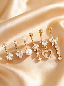 Bộ 6 khuyên rốn bằng thép không gỉ, kiểu dáng gợi cảm dành cho nữ với mặt dây chuyền hình bướm, trái tim, hoa đính đá Zirconia, khuyên rốn ngọc trai giả dễ thương thích hợp đeo hàng ngày và dự tiệc. - bộ 6 món - Xem 3