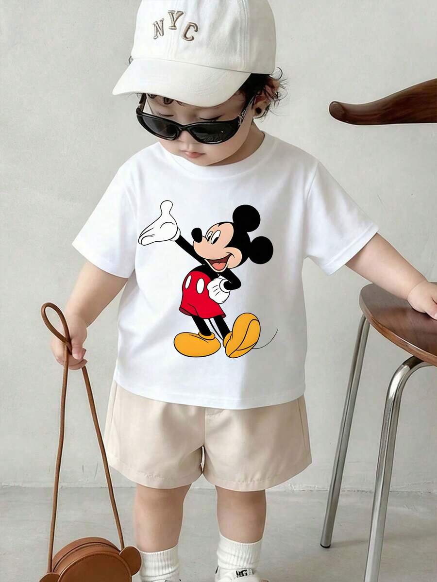 This Casual, Simple Disney T-Shirt Features A Round Neckline, Short Sleeves, And A Mickey Mouse Graphic; Designed Specifically For Infants And Toddlers-Suitable For Both Boys And Girls-It Is The Ideal Choice For Summer Wear. - 白色 - 查看 1