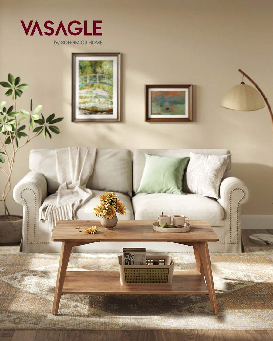 VASAGLE Coffee Table, 2-Tier Living Room Table With Storage, Center Table With Rounded Corners, 21.7 X 39.4 X 17.7 Inches, Easy To Assemble - 棕色 - 查看 1