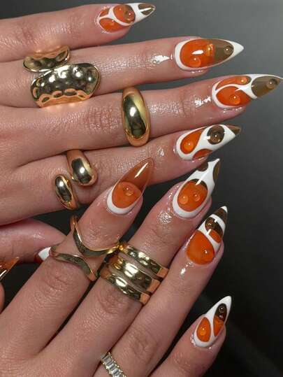 1 Set Almond-Shaped 3D Dynamic Orange Bubble Sweet Girl Ins Style Detachable Nail Art, Suitable For Daily, Work, Date Wear, Includes 1 Nail File + 1 Gel Polish