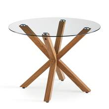 CLIPOP Round Game Table 100cm With Tempered Glass Top And Wooden Pattern Legs Table For Home Living Room, Game Room Corner - Brown - View 9