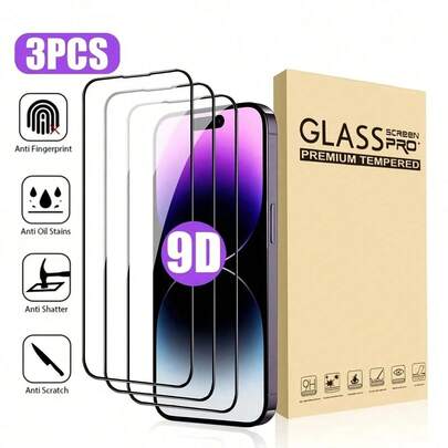 3 pièces Protecteur d'écran en verre trempé 9D pour iPhone 16Pro Max/16Pro/16e - Bordures imprimées en soie et grille anti-poussière pour haut-parleur, protection contre les chutes de niveau militaire, transparent haute définition avec outil d'alignement