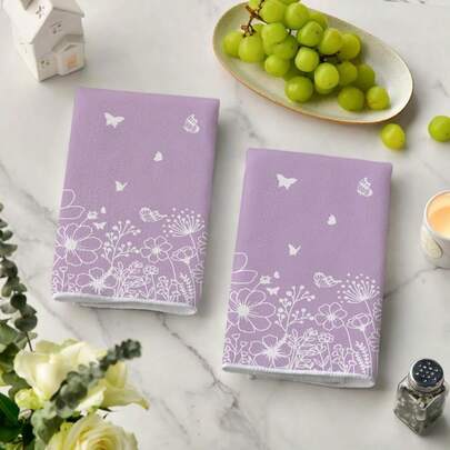 2pcs Purple Butterfly & Floral Kitchen Towels, Holiday Decorative Hand Towels, Soft Absorbent Drying Cloth, Kitchen Decor, Dining Table Decor, Kitchen Supplies, Home Decor, Spring/Summer Theme