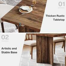 LITTLE TREE 160cm Farmhouse Dining Table For 4-6 People Rectangular Kitchen Table Large Tabletop For Dining Room Living Room Dark Brown - 棕色 - 查看 7