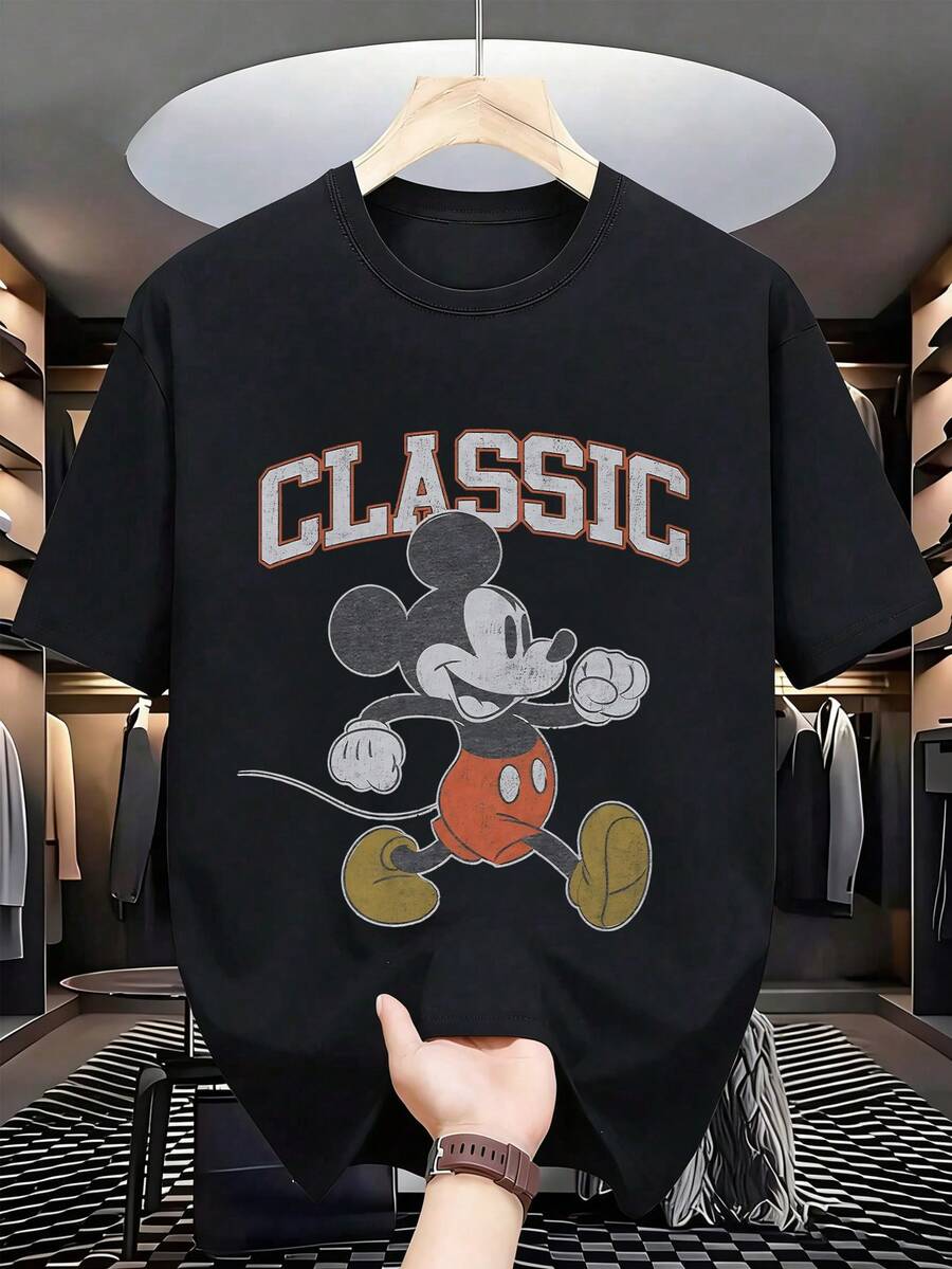 Disney Vintage CLASSIC  Men's Casual T-Shirt Washed American Cartoon Print Black Short Sleeve Street Style Loose Crew Neck Top - 黑色 - 查看 1