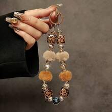 Luxury Multi-Element Beaded Luxury High-End Brown Fur Ball Crystal Beaded Handbag Chain, Wrist Strap, Short Lanyard, Shell Car Key Chain, Phone Lanyard Spring Gift - Multicolor - View 1
