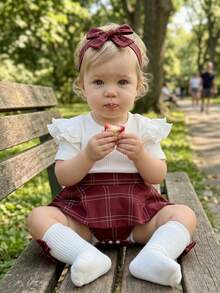 Newborn Baby Girl Summer Clothes Short Sleeves Plaid Skirt Romper Dress Headband Socks Set Fashion Holiday Outfit, Preemie Newborn Baby Girl Clothes - Đỏ - Xem 5