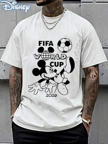 Disney Official Licensed Mickey Mouse FIFA World Cup 2026 Line Art Print T-Shirt, 220g Casual Short Sleeve Crew Neck Soft Breathable Streetwear Top Gift For Men Women Teens - 白色 - 查看 1