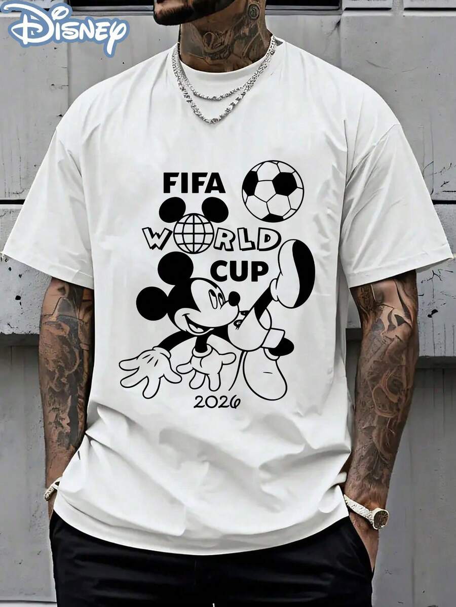 Disney Official Licensed Mickey Mouse FIFA World Cup 2026 Line Art Print T-Shirt, 220g Casual Short Sleeve Crew Neck Soft Breathable Streetwear Top Gift For Men Women Teens - 白色 - 查看 1