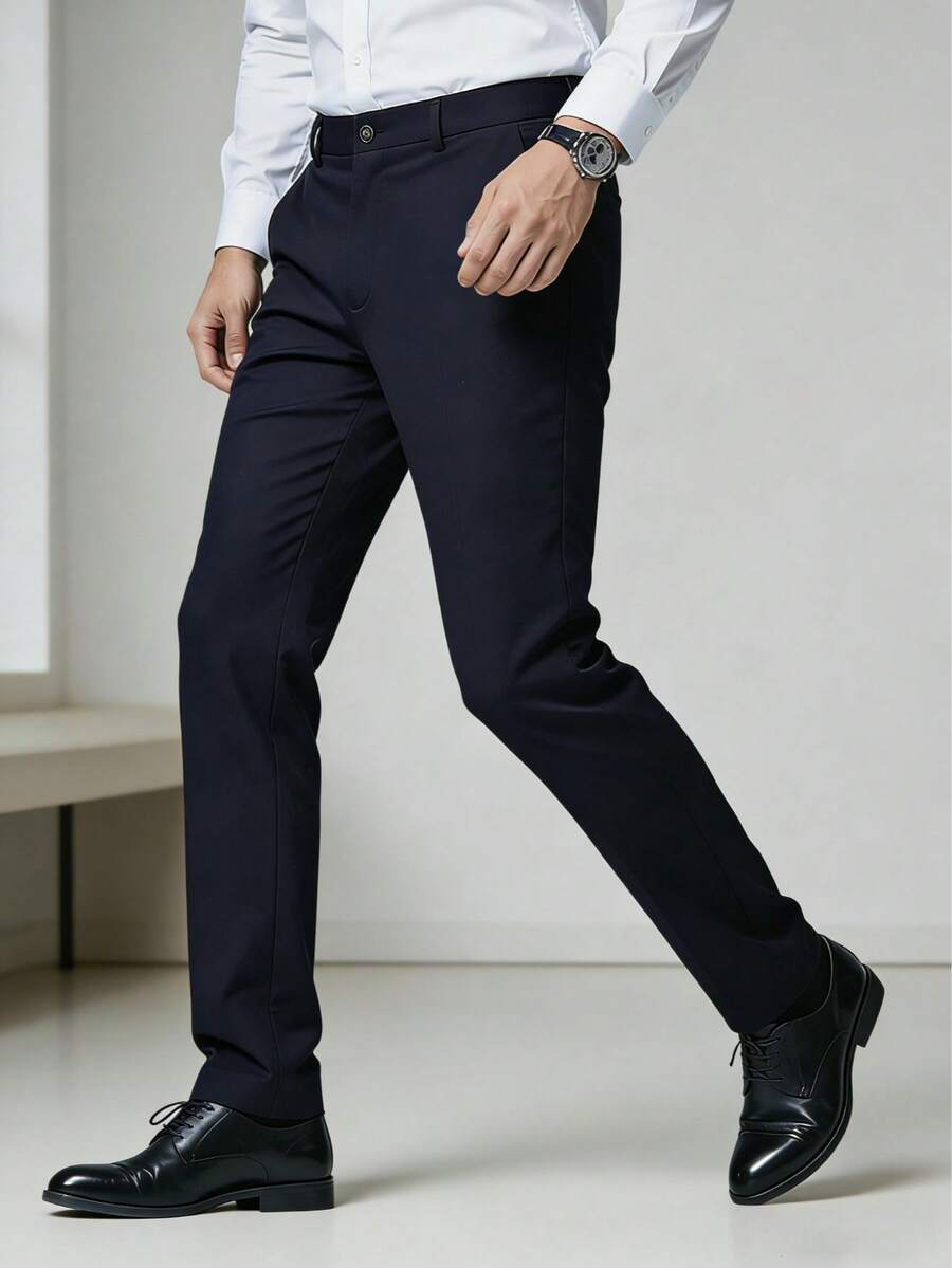 Men's Classic Design Trousers, Printed Craftsmanship, Solid Color Elastic Dress Pants For Spring/Summer Business Occasions, Elegant Luxurious Style, Men's Pants - Navy Blue - View 1