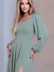 Mint Green Long Dress With Square Neckline And Long Sleeves - NM Nana Marie - verde menta - Ver 2