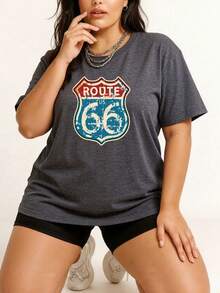 Route Us 66 Sign Women's Plus Size Colorful Cotton Print T-Shirt, Soft Breathable Cotton Blend Casual Tee, Perfect For Daily, Party, Vacation, Outdoor, Sports, Easter & Mother's Day Gift Graphic Tee 100 Percent - 灰色 - 查看 2