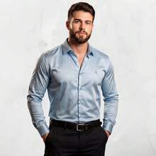 Men's Satin Shirt, Premium Fabric, Simple, Regular Fit, Button-Down - Verde - Ver 8