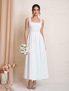 Women's Elegant White Square Neck Adjustable Strap A-Line Midi Dress (Back Zipper Design), Formal Dress For Wedding Guests, Dinners, Parties & Cocktail Events Summer - White - View 9