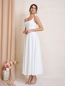 Women's Elegant White Square Neck Adjustable Strap A-Line Midi Dress (Back Zipper Design), Formal Dress For Wedding Guests, Dinners, Parties & Cocktail Events Summer - White - View 5