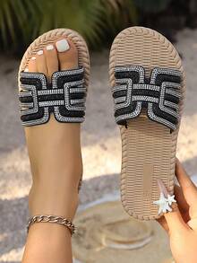 2026 New Elegant Women's Sandals, Rhinestone Leaf Design Pointed Toe Patent Leather Slingback Flats, Graceful High-End Slip-On Shoes - Black - View 1