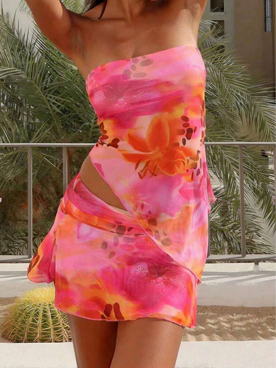 Women's Fashionable And Elegant Commuting Casual Versatile Breathable Mesh Printed Y2K Asymmetric Hem Tube Top And Mini Skirt Set, Floral Print, Suitable For Summer Vacation, Beach, Outing, Gathering With Friends, Shopping, Entertainment, Work, Etc. Basic Fabric Is Comfortable, Unique Style, High Cost-Performance, Suitable For Spring, Summer And Autumn Pink - 粉色 - 查看 1