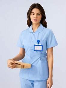 Light Blue Women's Peter Pan Collar Button-Front Short Sleeve Nurse Uniform Set, Adjustable Waist, Comfortable And Durable, Suitable For Hospitals, Clinics, Nursing Centers, Dental Clinics, Etc., Nurse's Day - Baby Blue - View 2