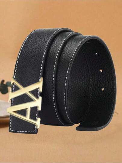 1. Gold AX Letter Smooth Buckle Men's Belt, Solid Color Litchi Grain Casual Versatile Jeans Belt, Suitable For All Seasons Commuting