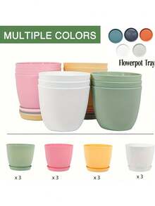 6pcs Classic Plastic Flower Pots With Trays - Lightweight, Suitable For Indoor/Outdoor Use, Great For Gardening And Lawn Care, Indoor/Outdoor Gardening And Lawn Care, These Planters Make An Excellent Gift For All Gardening Enthusiasts On Earth Day, World Environment Day, National Forest Week, New Year, Housewarming, Birthday And More - Multicolor - View 6