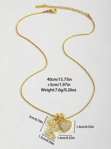 1pc Elegant Gold-Tone Copper Cubic Zirconia Heart Crown Letter Pendant Necklace, Party Jewelry Gift For Family & Friends - Gold - View 5